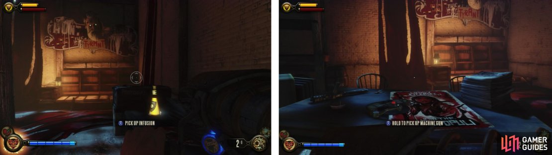 Within the secret room you&rsquo;ll find an Infusion Upgrade (left) and a Voxophone (right).