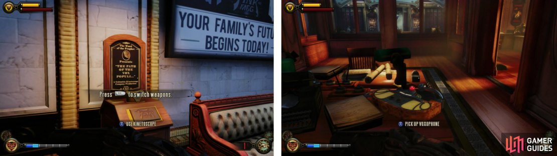 Once inside, you&rsquo;ll find a Kinetoscope (left) and in the room behind the counter in the main room is a Voxophone (right).