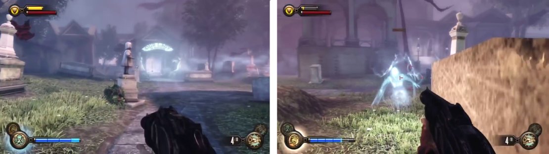 Enter the &lsquo;Our Lady&rsquo; crypt (left) and then head outside to fight a new enemy - the Siren (right).