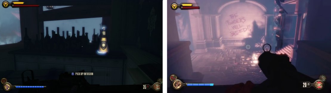 Enter the &lsquo;Wilson Bros. & Company&rsquo; building for an Infusion Upgrade (left). Enter the door to the right at the base of the stairs (right) to find a codebook inside.