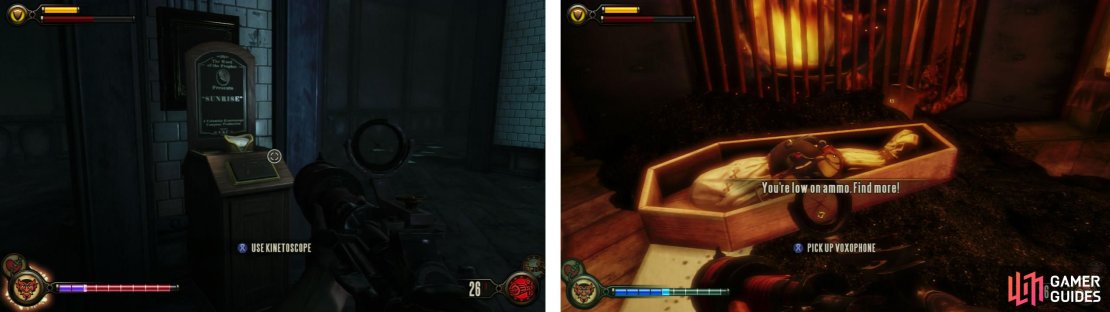 Kinetoscope 1 (left) is in a dead end left of the first Boy of Silence. In the &lsquo;Where we Weep&rsquo; room, you&rsquo;ll find a Voxophone (right).