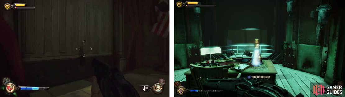 Have Elizabeth pick the lock (left). Inside you&rsquo;ll find an Infusion Upgrade and a Voxophone (right).
