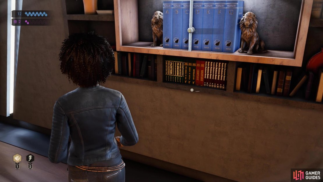 The bookcase is located upstairs
