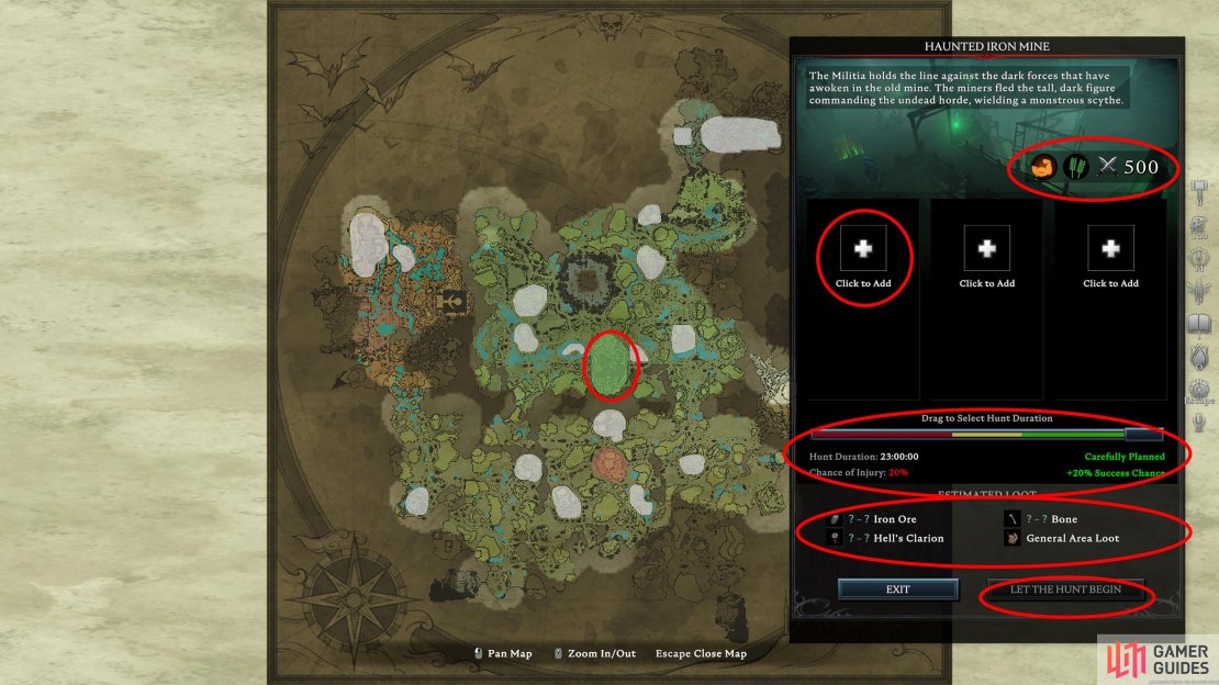 When you click an area for a hunt, this screen will appear. All the important information has been circled for your convenience. 