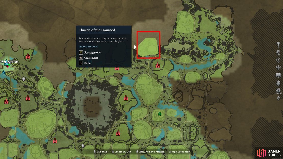 You will find the Church of the Damned to the northeast of the Dunley Farmlands