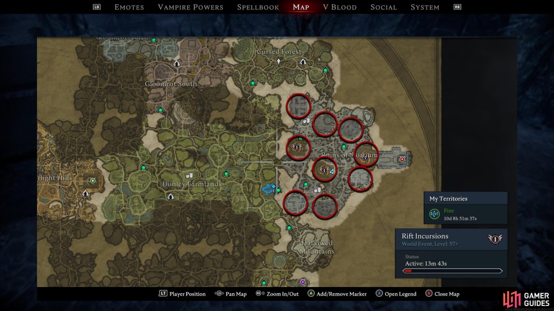 Tier 1 and 2 Rift Incursions can appear in all the circled locations in the Ruins of Mortium. Two or three incursions will be up at a time.