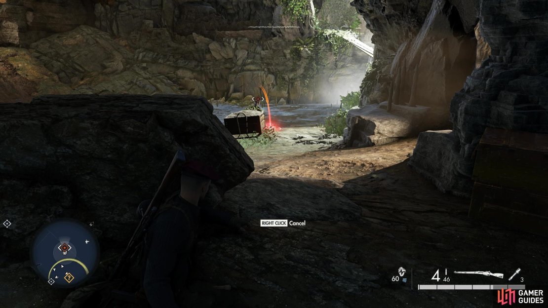Hiding in the dark behind the rock gives you a perfect spot to throw your grenade from.