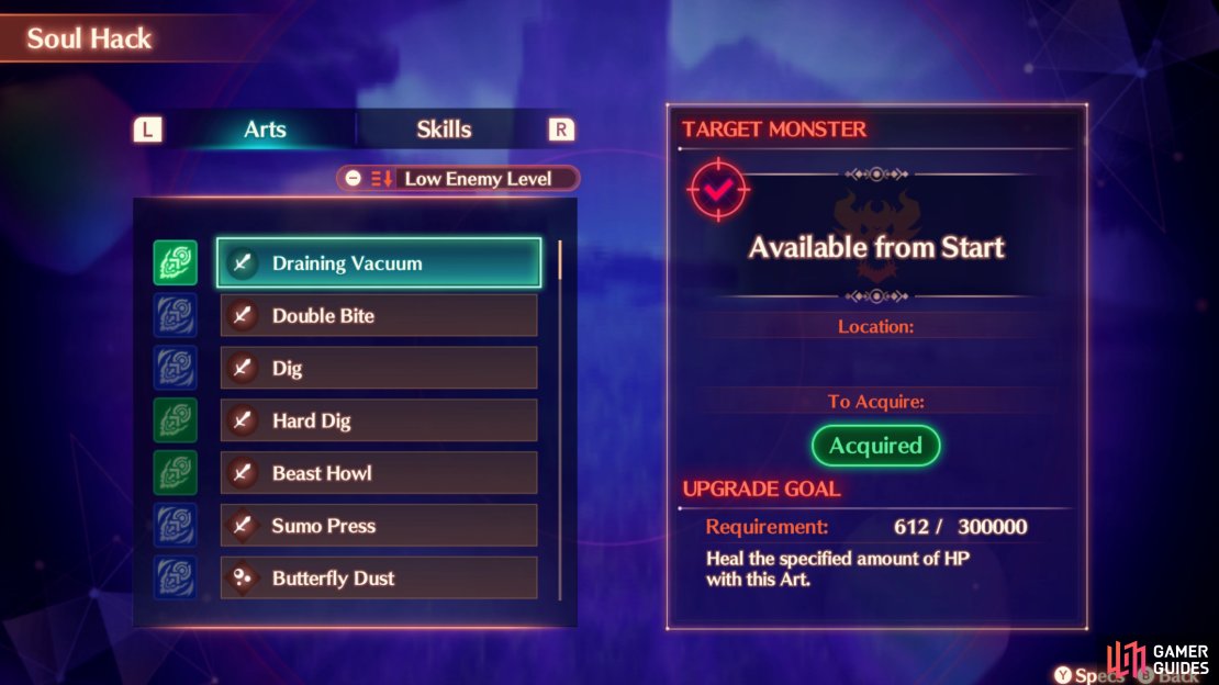 You can find what Arts you&rsquo;ve acquired by going to the Heroes menu, and accessing the Soul Hack List by pressing Y.