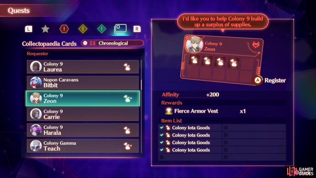 Fulfill the Collectopaedia Cards that ask for the Colony Iota Goods