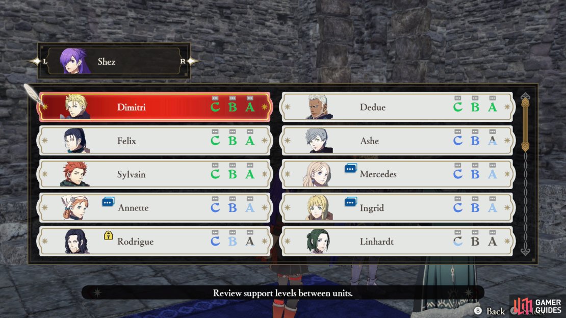 You can check the Support Ranks between characters via the &ldquo;Support Info&rdquo; menu.
