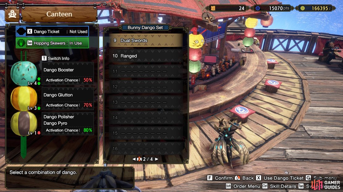 Dual_Swords are reliant on their stamina, this is where the Invigorating, and Pinea-Full Dango&rsquo;s shine.