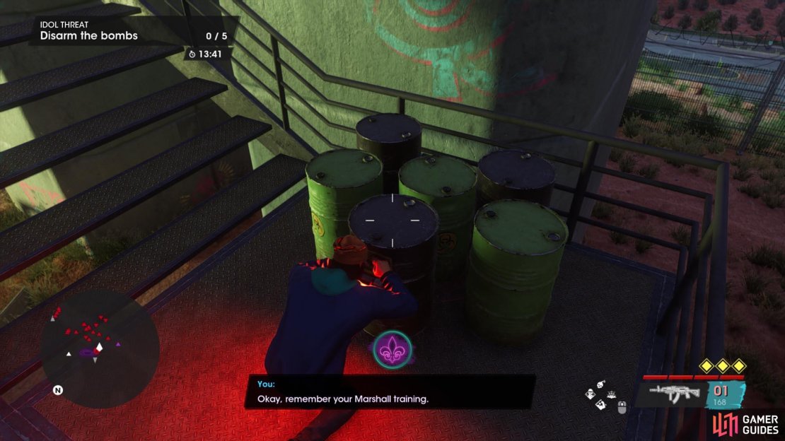 Make your way up the metal stairway, disarming any explosives you locate en route.