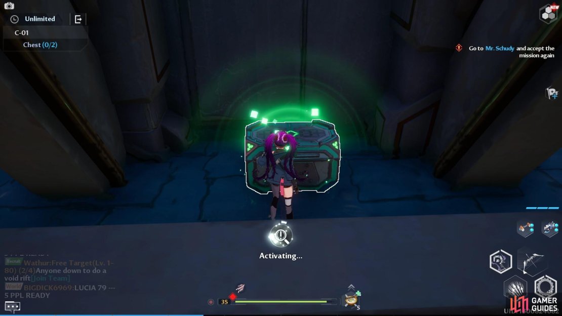 The first chest is stationed around the water with the three statues at the back of the hallway.