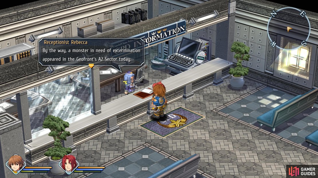 Speak to Rebecca twice to get the Geofront A2 Monster Extermination Request