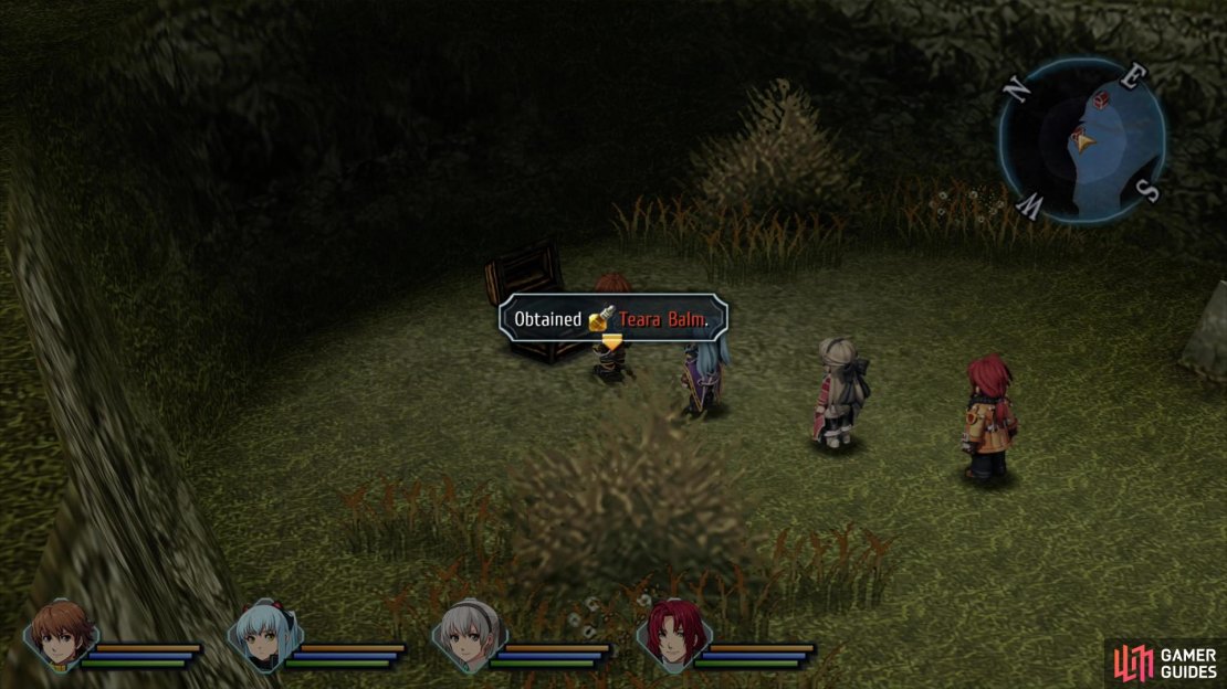 At the fork, head uphill to the northeast and search the northern end of the map to find chests containing Teara Balm,