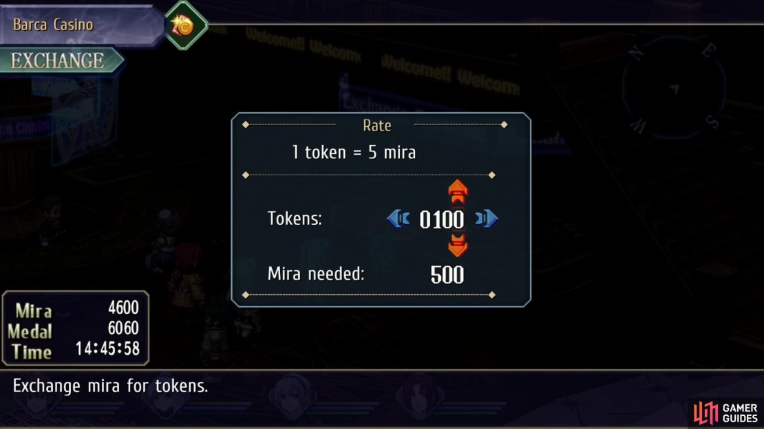 Exchange Mira for a starting purse of Medals, which you can use to play various games of chance on the casino floor.