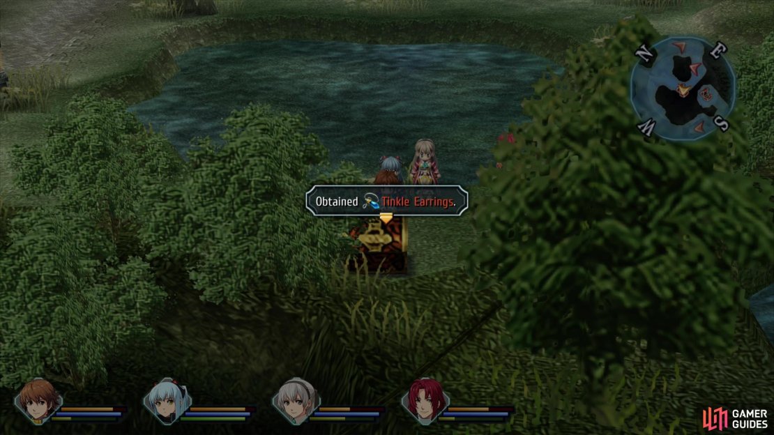 The fourth screen of Ursula Road has three chests, on near a pond contains Tinkle Earrings,