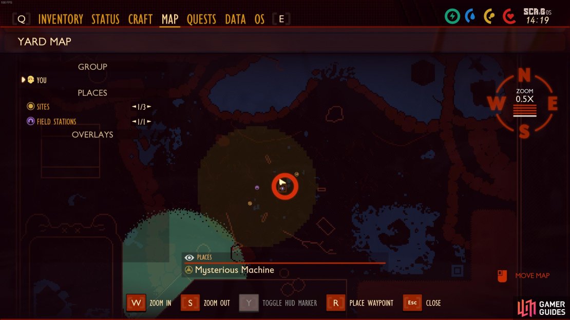 The location of the mysterious machine, northeast of where you spawn initially.