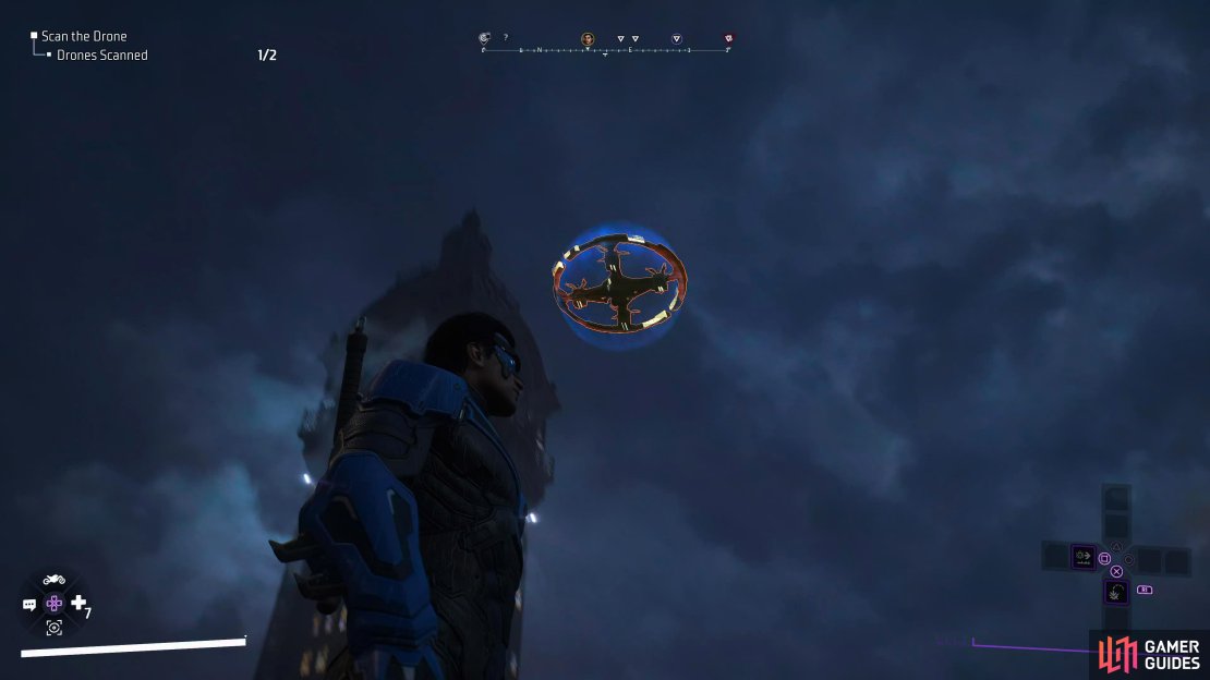 Some drones will be protected by a blue shield. Wait until they land on a recharging station where their shield will drop momentarily.