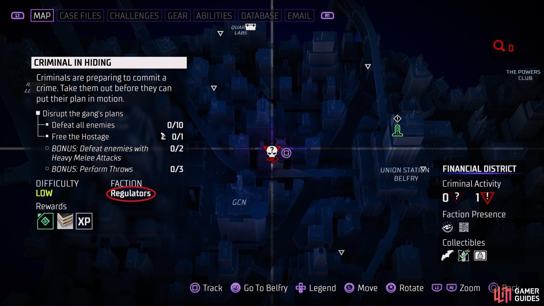 Hover over premeditated crimes to see which faction is committing them, if it&rsquo;s the Regulators, you can be sure a Regulator Drone Master is with them.