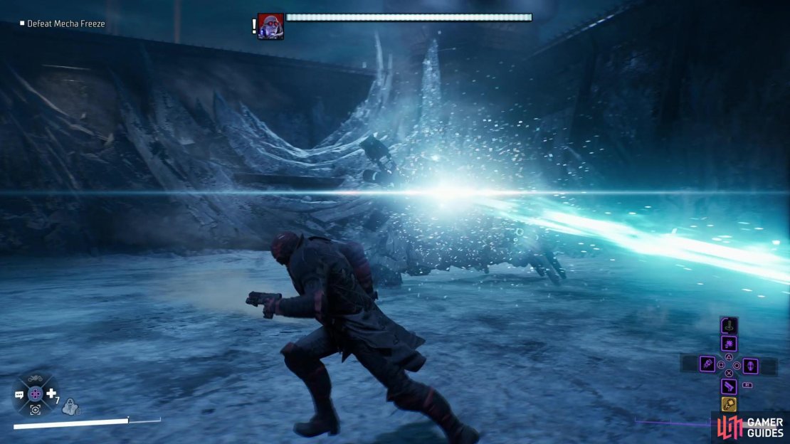 Mecha Freeze has an upgraded version of his cryogenic cannon, capable of firing for an extended duration.