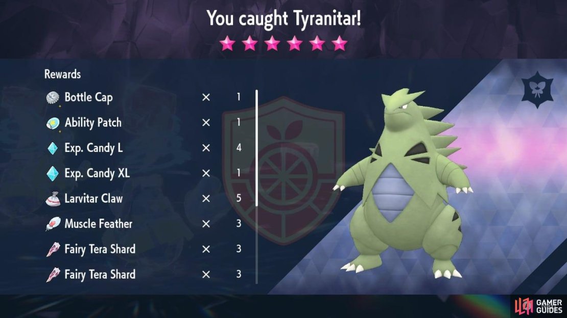 6_Star Tyranitar Raid catch screen in Pok&eacute;mon Scarlet and Violet.