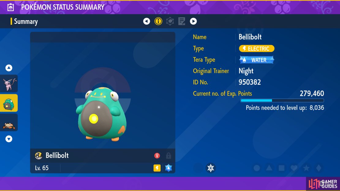 Bellibolt&rsquo;s details in Pokemon Violet.