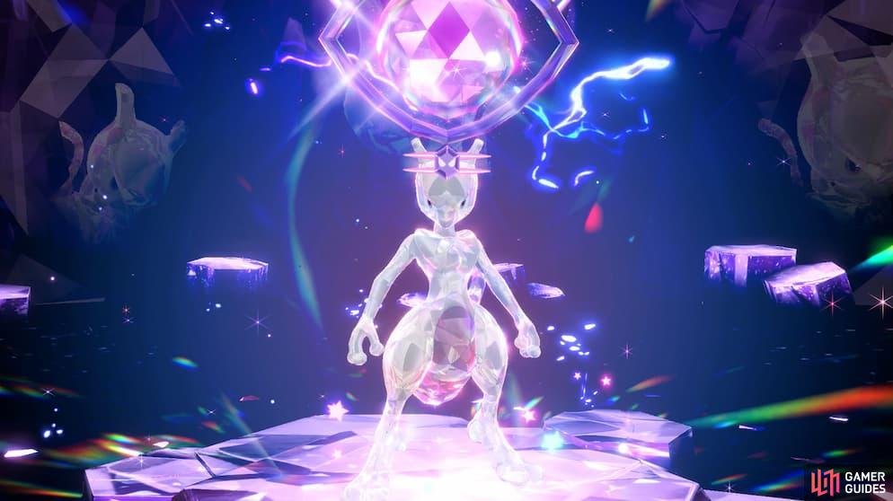 Mewtwo making its debut as a 7-Star Mightiest Mark Tera Raid Pok&eacute;mon.