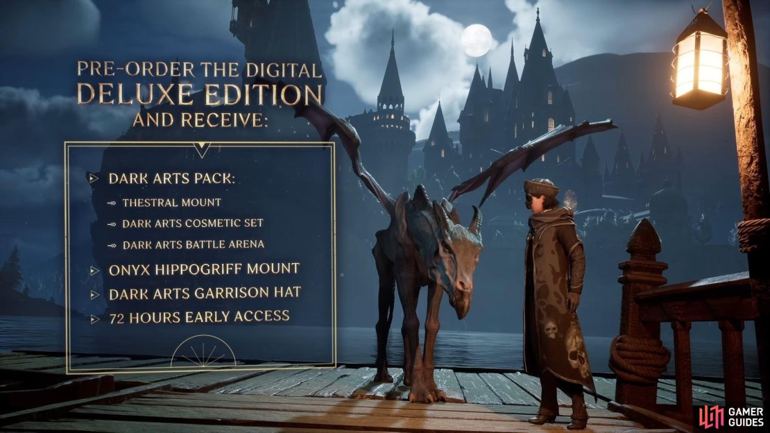 If you pre-order the Deluxe Edition, you&rsquo;ll get the Dark Arts pack and an extra Onyx Hippogriff Mount (which is also available to players who pre-order the standard edition). (Credit: Hogwarts Legacy Showcase).