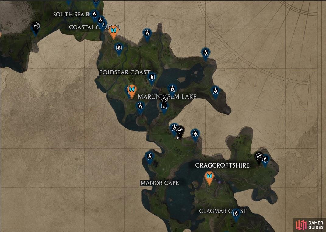 An overview of the Butterfly locations in Hogwarts Legacy&rsquo;s South Highlands.