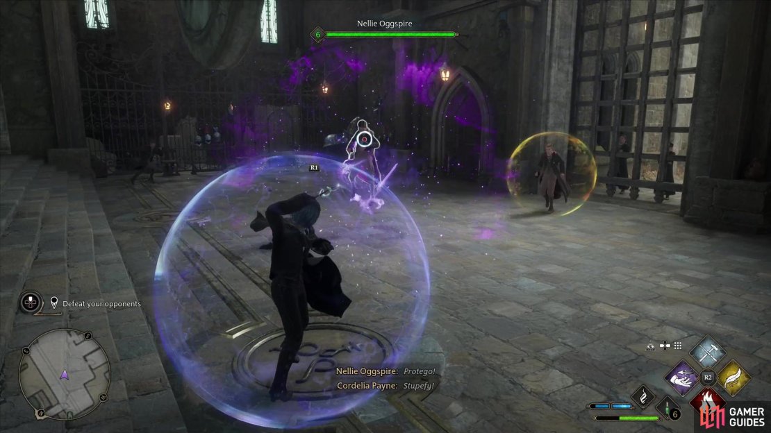Wait for enemy attacks and counter with !Protego + !Stupefy to break their barriers,
