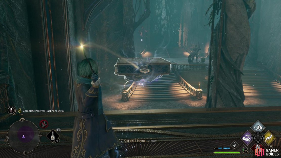 Use !Accio to pull a floating platform towards the footbridge, where it&rsquo;ll allow you to access an arcane magic nexus.
