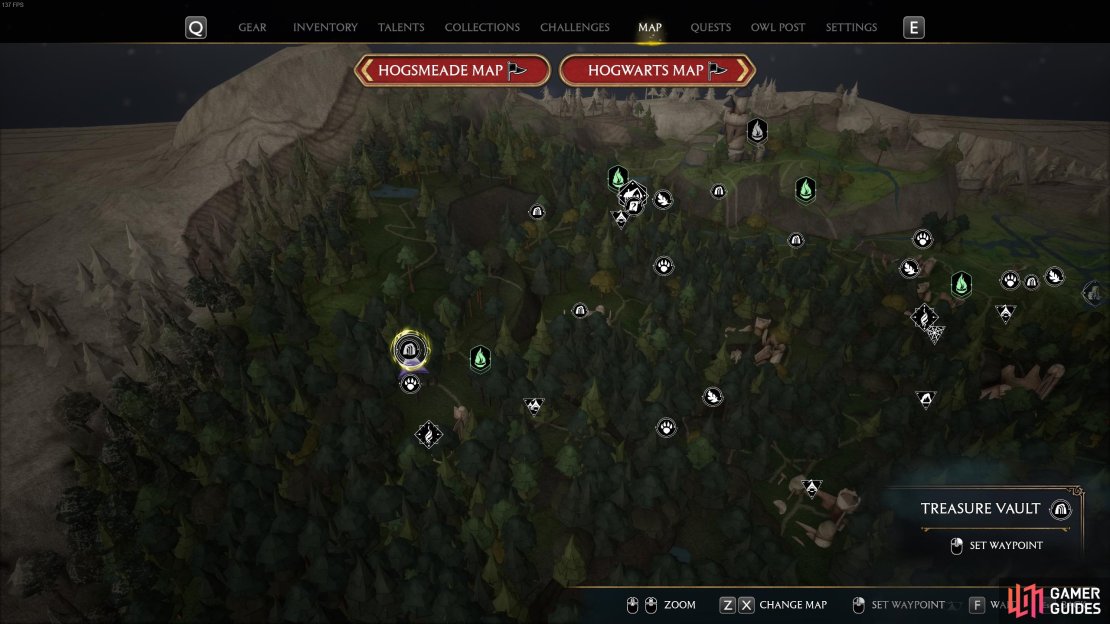 The location of the second Treasure Vault, just west of the West Forbidden Forest Floo Flame.