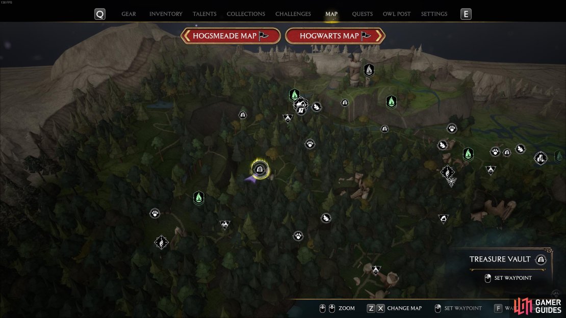 The location of the Treasure Vault, just northeast of the West Forbidden Forest Floo Flame.