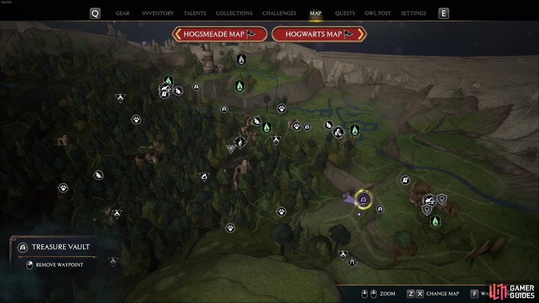 The location of the Treasure Vault in the far eastern side of the Forbidden Forest.