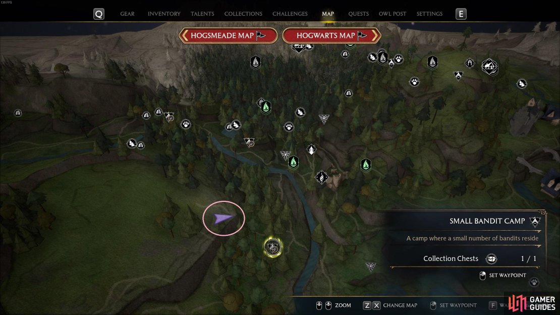 The location of the Treasure Vault on the map, just northwest of the bandit camp, and southwest of the East North Hogwarts Region Floo Flame.