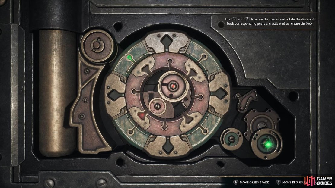 Sparks have been locked into place by Wizards keeping their thumbstick in an outwards position. the wheels can now be turned to find the right configuration to activate the cogs.