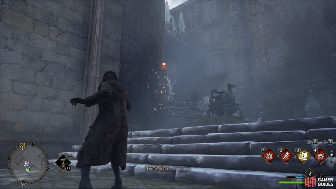 On teh curved wall to the left of the Floo Flame is the brazier you need to light with Confringo.