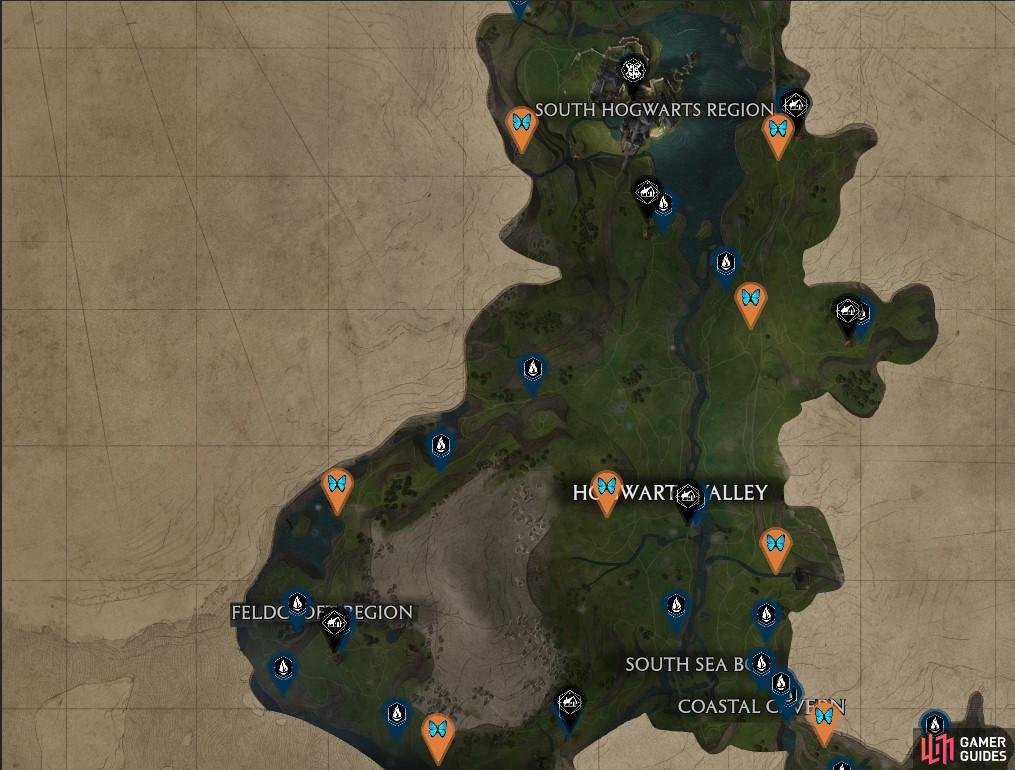 An overview of Butterfly Locations  the central highlands of Hogwarts Legacy.