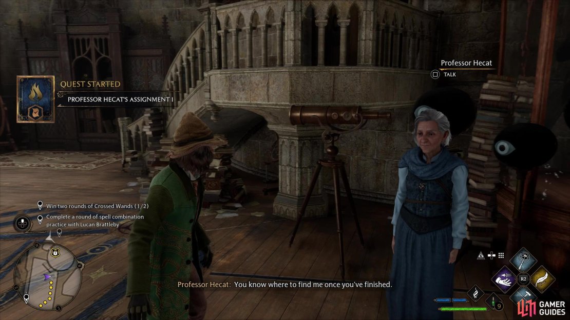 Fast travel to the &ldquo;Defense of the Dark Arts&rdquo; Floo Light to arrive outside the aforementioned classroom. Start Professor Hecat&rsquo;s Assignment 1 by talking to her on the far right-hand side of the room. 