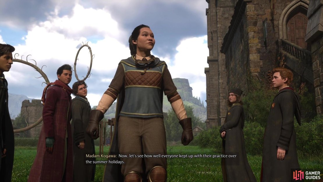 Find Madam Kogawa, the Flying Professor, in the Hogwarts Courtyard.