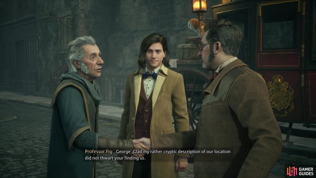 From left to right: Professor Fig, Hogwarts Legacy Protagonist and George Osric.
