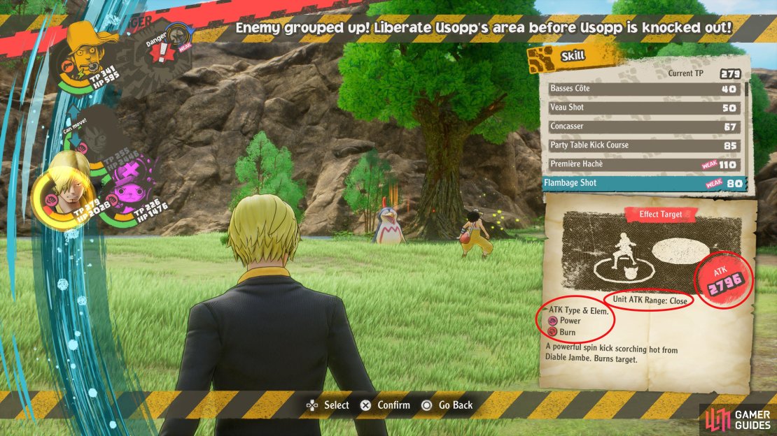This skill is Flamberge Shot, the description to your right will tell you that the attack has 2736 ATK, it&rsquo;s close-range, and it&rsquo;s a Power ATK Type with the Burn element.