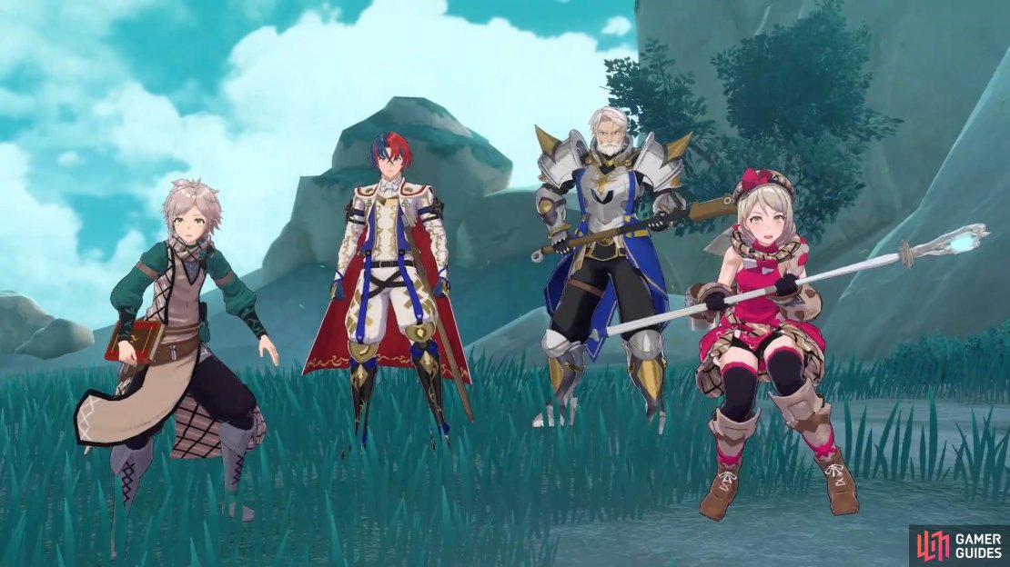Framme (Right) wielding a Stave. From Left to right: Clanne, Alear and Vander.