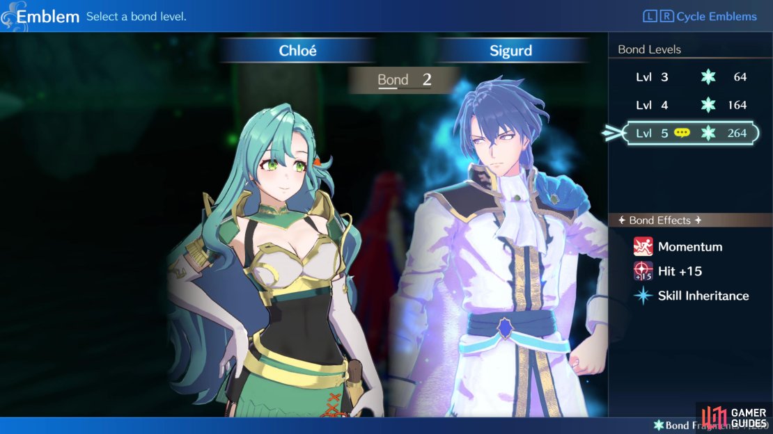 Pick a character, an Emblem, and the amount by which you wish to increase their Bond Level. It costs 100 Bond Fragments per Bond Level you wish to raise.