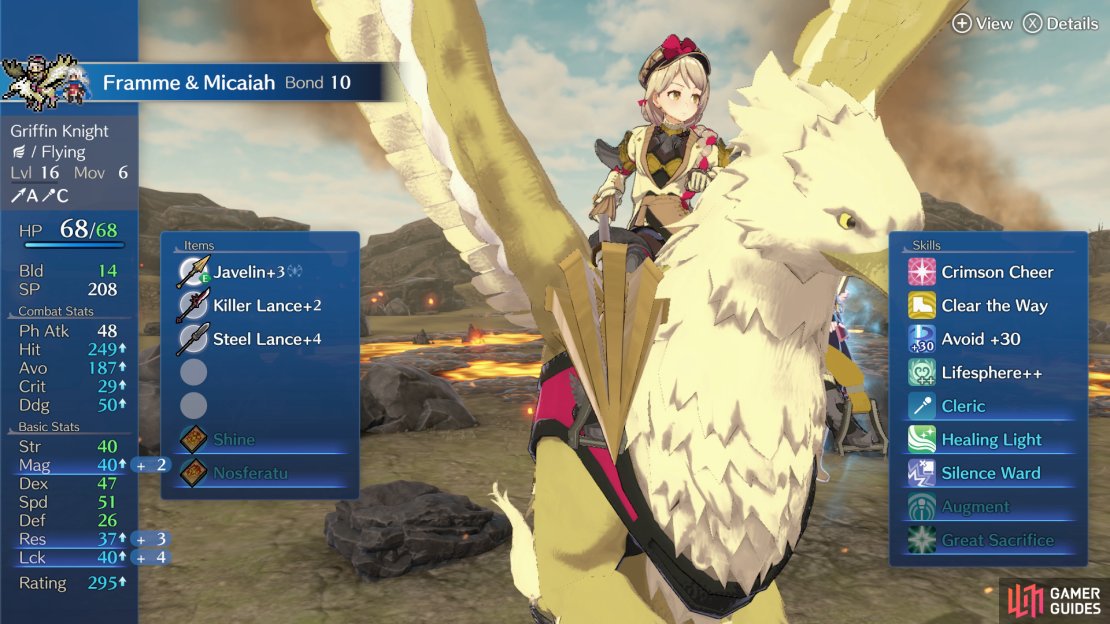 !Framme&rsquo;s high SPD and decent martial stats make her a good choice for a Griffin Knight, where she&rsquo;ll serve as a secondary AVO tank alongside Chlo&eacute;.