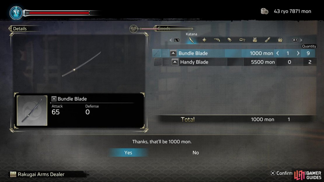 Start a bond with the Rakugai Arms Dealer by purchasing something from him, and keep making purchases to increase your bond further.