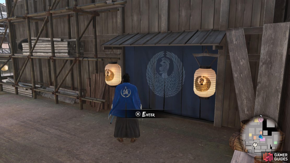 Look for this building with the blue curtains marking the entrance to Chicken Racing
