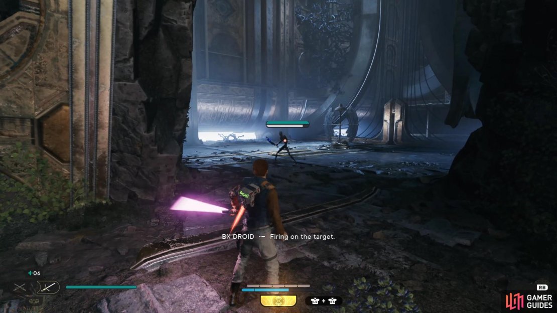 Enter the Jedi temple and take care of this droid guard.