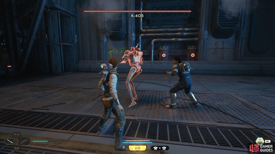  The K-405 droid will begin the fight with a slowly charged red attack.